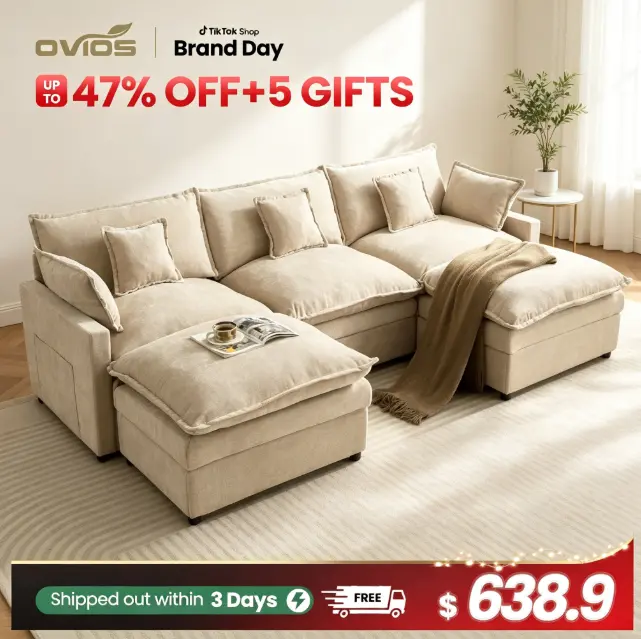 【2/3 Packages Shipping】Ovios 108" U-Shaped Modern Sofa Modular Sectional Cloud Couch with 2 Ottoman, Comfy Chenille Deep Seat Sofa Bed with 5 Pillows for Living Room, Bedroom and Apartment, 5-Seater