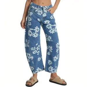 Kedera Women's Baggy Barrel Jeans Wide Leg Mid Rise Y2K Boyfriend Jeans Casual Floral Printed Ankle Denim Pants