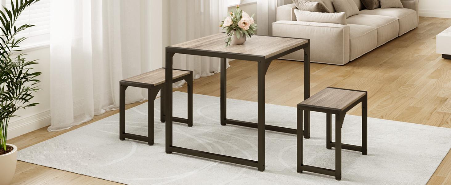 Gizoon Dining Table Set for 2, Kitchen Table Set for 2 with Steel Frame, Kitchen Table with 2 Benches for Small Space, Space Saving Design for Restaurant, Living Room, Grey Gizoon Dining Table Set for 2, Kitchen Table Set for 2 with Steel Frame, Kitchen Table with 2 Benches for Small Space, Space Saving Design for Restaurant, Living Room, Grey