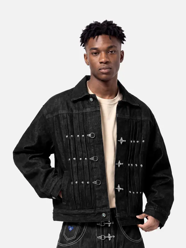 Aelfric Eden Pleated Metal Button Denim Jacket Vertical Pleated Design Metal Buckle & Rivet Embellishment Washed Black Denim Cropped Silhouette Unisex Punk Streetwear Jacket
