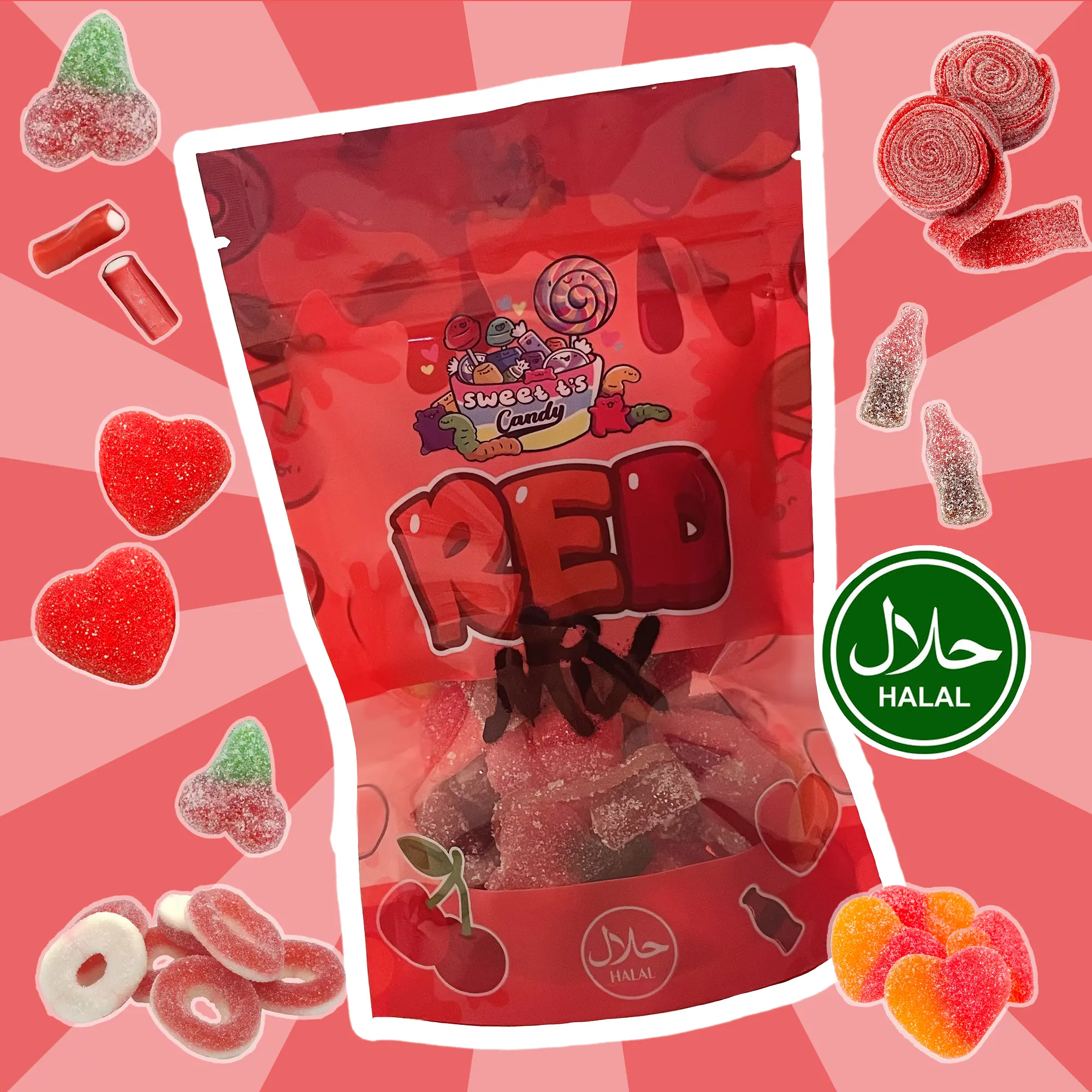 Halal Red Gummy Candy Mix – Fizzy & Fruity Sweets Bag with Sour Strawberry Belts, Watermelon Gummy Rings, Peach Hearts, Cherry Cola, Fondant Pencils & More