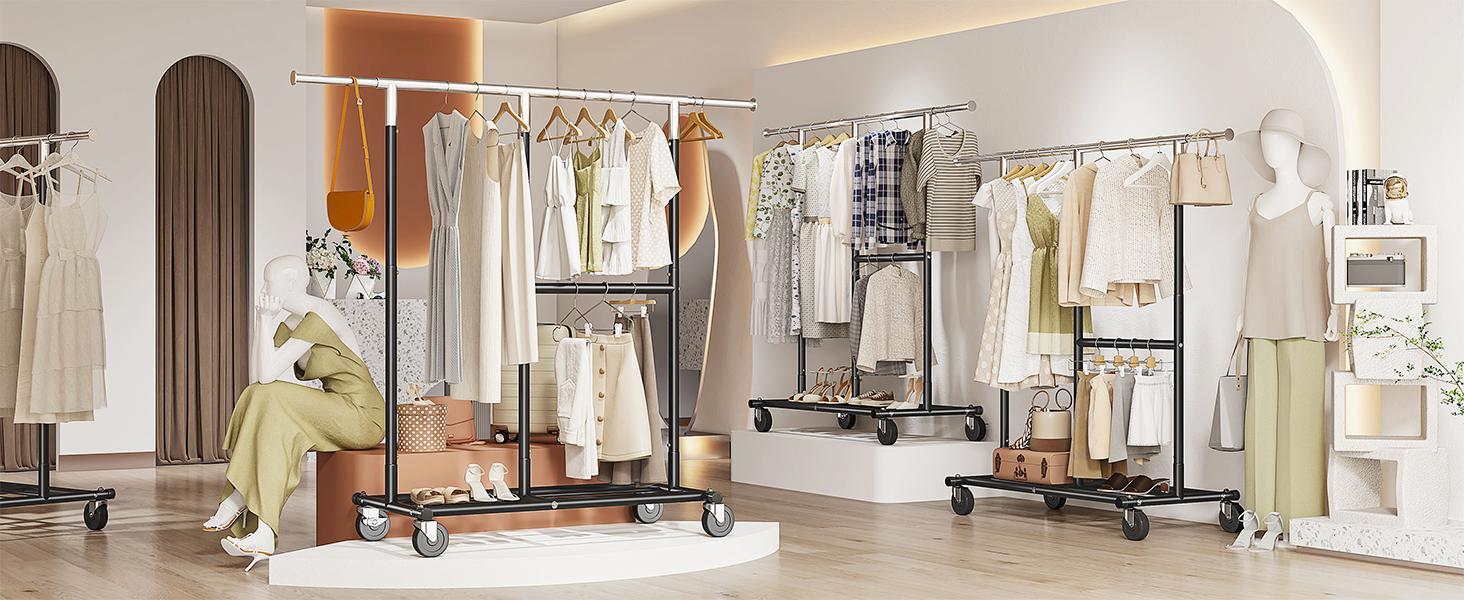 BePatio Heavy Duty Clothes Rack with Wheels Adjustable Portable Rolling Clothing Racks for Closet Bed Room Laundry Room Commercial Use Max Load 298 LBS Hang 150+ Clothes Metal Clothes Rack Rust-Off Resists Rust with Premium Coating Metal