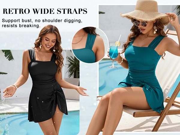 Blooming Jelly Womens One Piece Swim Dress Retro Tummy Control Modest Swimsuit Ruched Wide Strap Square Neck Bathing Suit