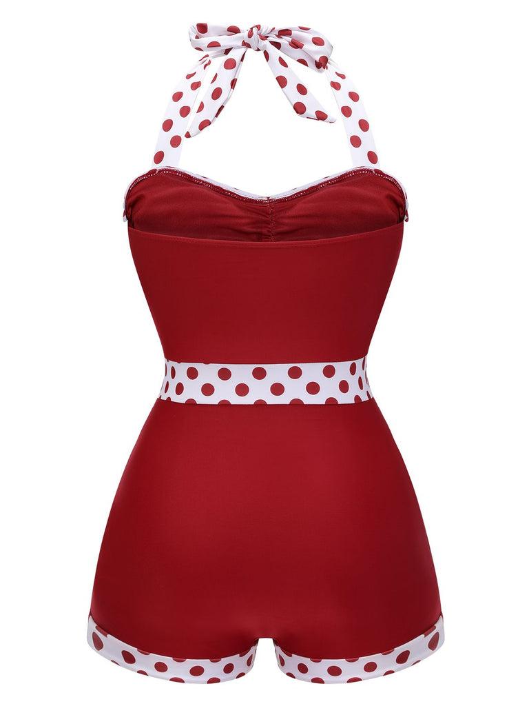Retro Stage 1940S Wine Red & White Spliced One - Piece Swimsuit Ideal for Casual Travel, Sunbathing on the Beach, Beach Vacation Parties, and Swimming - Flaunt Fashionable Sexy Style in All Seaside Activities Swimwear Polka Dots Classic Vintage
