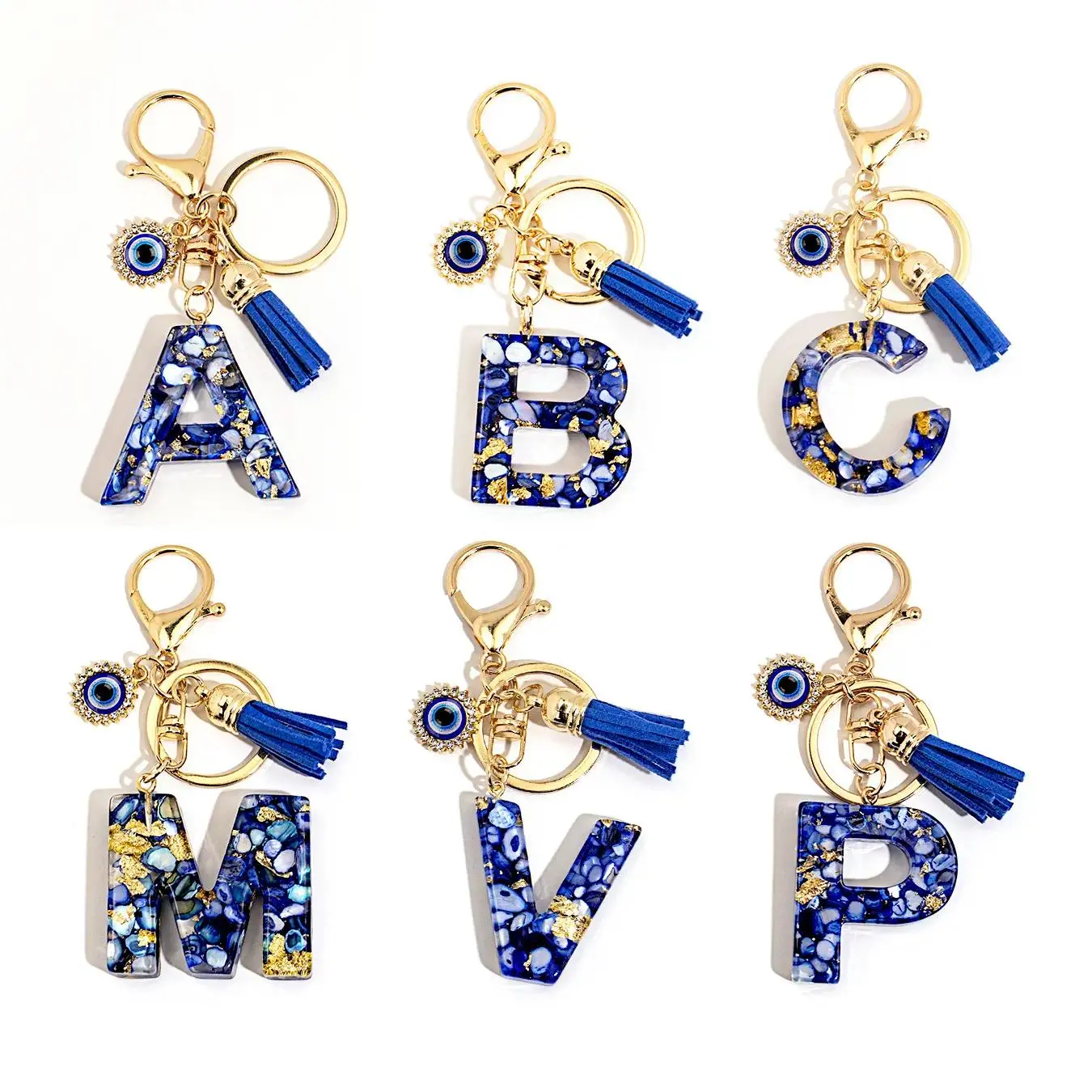 Boho Style Royal Blue Initial Letter Keychain (A-Z, O/X/Q Included) - Tassel, Fabric, Protective Evil Eye Charm, Fashion Costume Jewelry Accessory for Commute Handbags, Birthday Gifts, Iconic Evil Eye, J