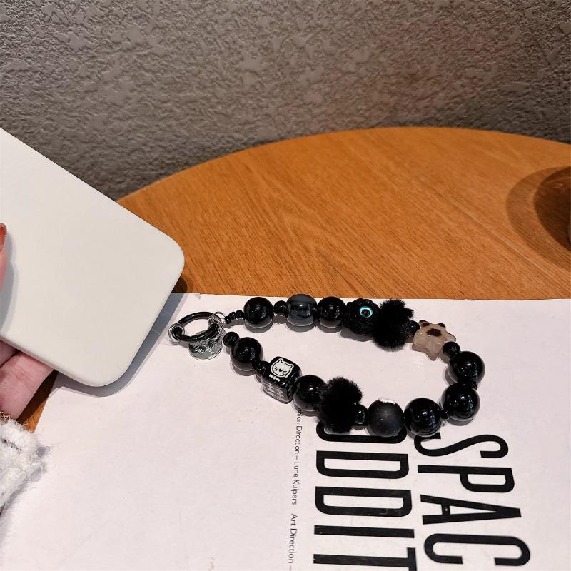 2026 Premium Black Plush Cat Phone Charm Portable Beaded Wristlet Chain For Outings Car Keychain And Bag Accessory With Adorable Cat Design Trendy All-Match Birthday Gift Party