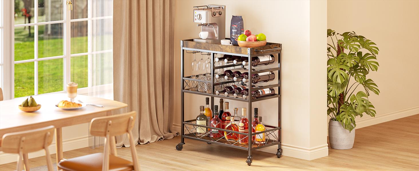 Gizoon Bar Cart, 3 Tier Coffee Cart with Lockable Wheels, 12-Bottle Wine Rack, and Hanging Glass Holder, Kitchen Rack with Removable Tray, for Kitchen, Dining Room, Entertaining, Club Party,Retro