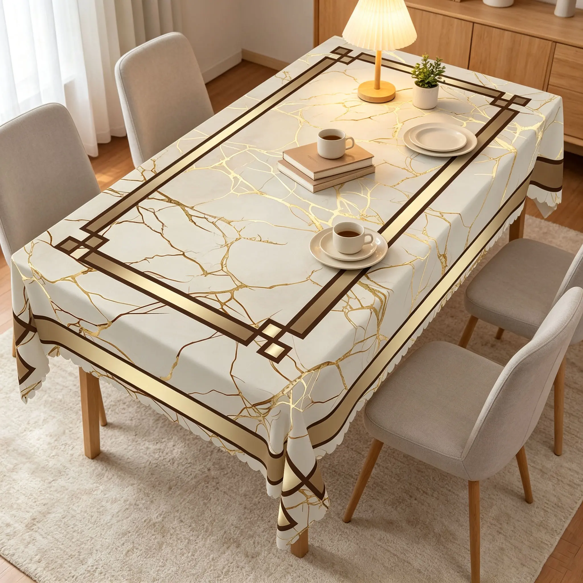 GTHREED Cotton Gold Marble Print Rectangular Tablecloth - Minimalist Geometric Border, Neutral Tones Cream White Decorative Cover for Dinner Party, Home Kitchen Linens