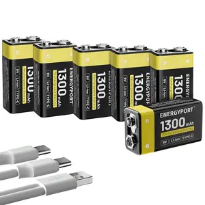 ENERGYPORT 6-Pack Rechargeable 9V Batteries USB 9 Volt Battery for Smoke Alarms 1300mAh  9v Lithium Battery with 2-in-1 USB-C Charging Cable and LED Charge Indicator