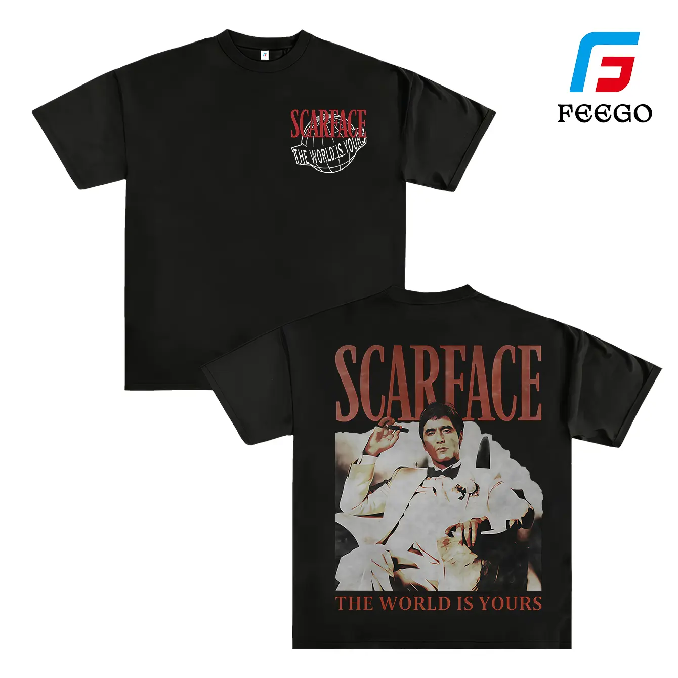FEEGO Scarface Two Sides Graphic Tee The World is Yours Design with Tony Montana Iconic Image Perfect for Movie Fans and Streetwear Enthusiasts 100% Pure Cotton Menswear Casual Crewneck Tshirt Y2K Streetwear Tee good graphic  tees