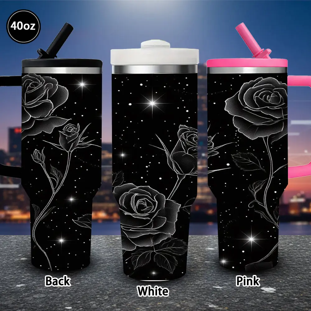 40 oz Starry Rose Insulated Travel Tumbler - 1 pc, Leak-Proof, Winter-Ready, with Lid and Straw, Iced/Hot Coffee Cup, Birthday Gift for Women, Ideal for Valentine’s Day, Easter, Kitchenware Vacuum Flask