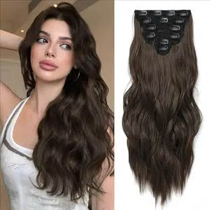 6PCS Clip-In Hair Extensions 20inch Long Wavy Curly Brown Synthetic Hair Full Head Volume Natural Look Soft Double Weft Hair Extensions for Women