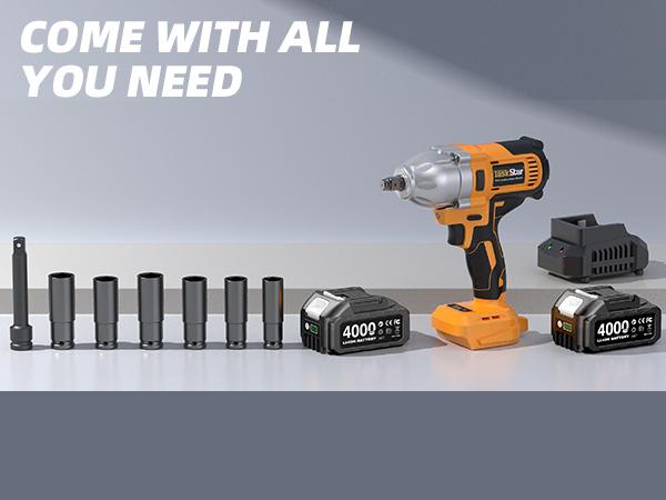 TaskStar 1200N.m Cordless Impact Wrench, 1/2 inch 886ft-lbs High Torque Impact Gun with 2x 4.0Ah Battery, Fast Charger & 5 Sockets Package Box Extension Bar Driver Bit Power Tools Ratchet Wrench