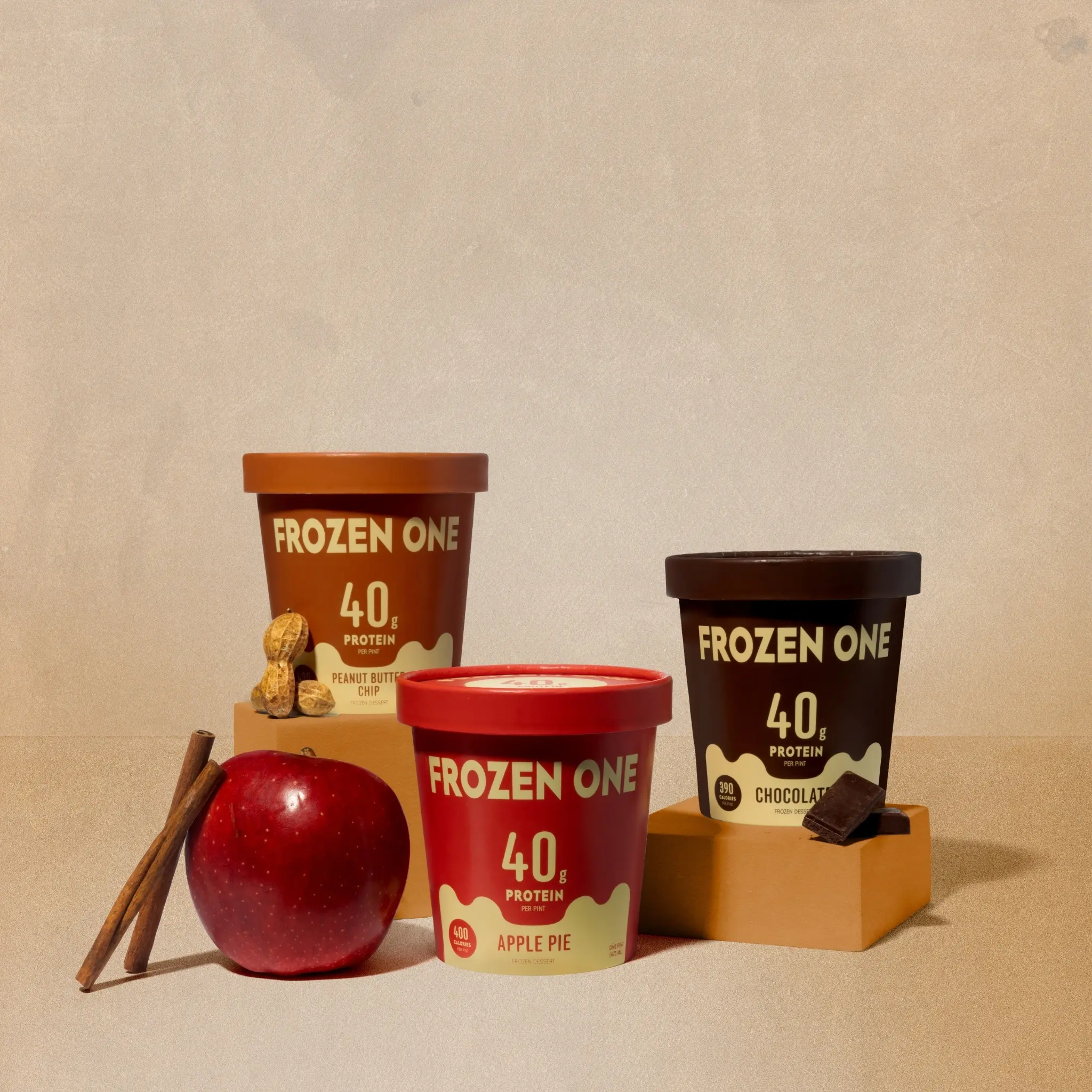 Frozen One Protein Ice Cream, High Protein Dessert, Low Calorie Snack, Chocolate, Peanut Butter Chip, Apple Pie Flavors, Low Sugar Treat, Healthy Ice Cream Alternative