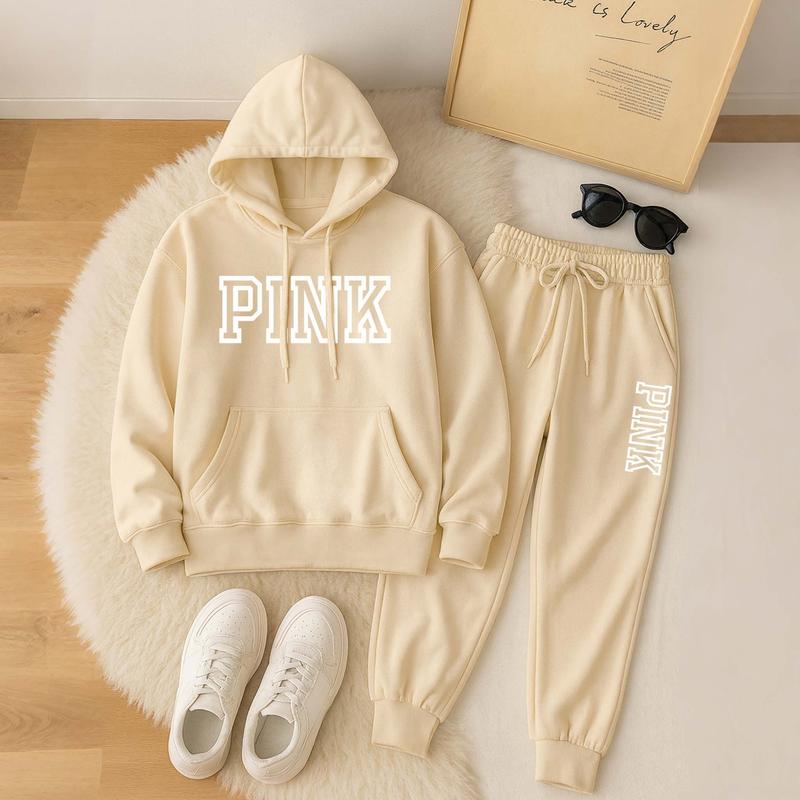 Women's Pink Print Hoodie And Drawstring Track Pants Set, Casual Sportswear, Long-Sleeved Hooded Jacket And Pants, Suitable For Autumn And Winter, Everyday Wear, Indoor And Outdoor Sportswear, Casual Sportswear.