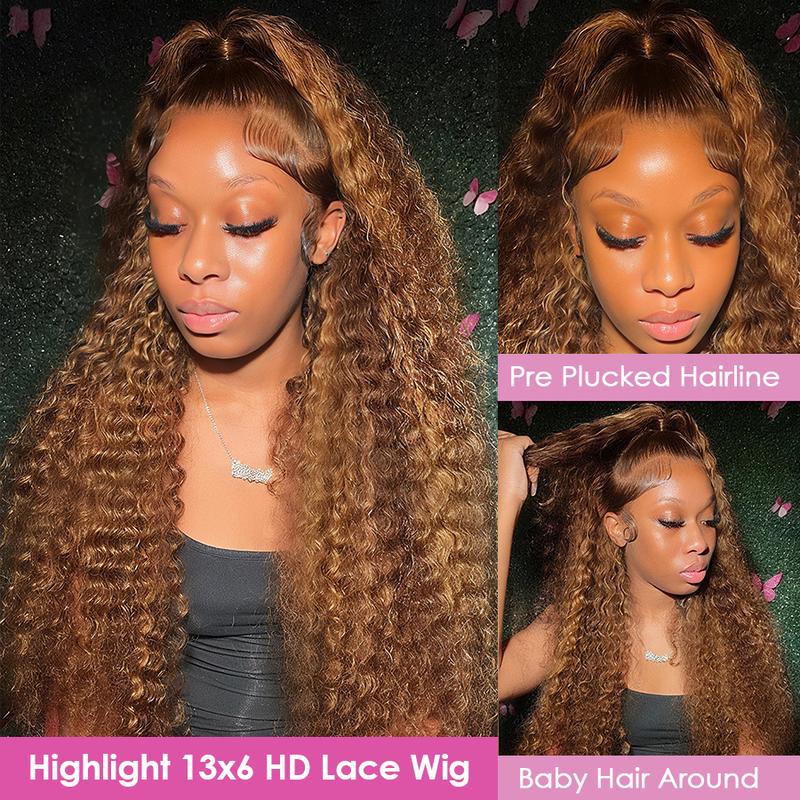 Pizazz Hair 4/27 Highlight Honey Blonde Deep Wave 13×6 Human Hair HD Lace Front Wigs 180% Density Lace Frontal Human Hair Wigs