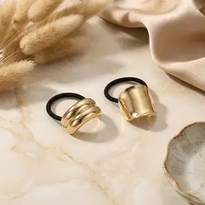 2Pcs Gold Metal Ponytail Cuff Hair Ties, Minimalist Elegant Chic Hair Accessories for Women, Metallic Elastic Hair Bands & Non-Damage Hair Cuff Ties for Thick Hair, Decorative Punk Hair Gift