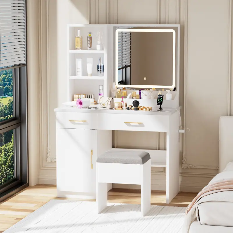 White LED Vanity Dresser with Mirror and Lights - Modern Glam Vanity Desk Design, 3 Adjustable Lighting Modes, Power Outlet, 2 USB Ports, Cabinet, Drawers, Shelves, Storage Stool, Assembly Required for Bedroom, High-Quality Customer Service
