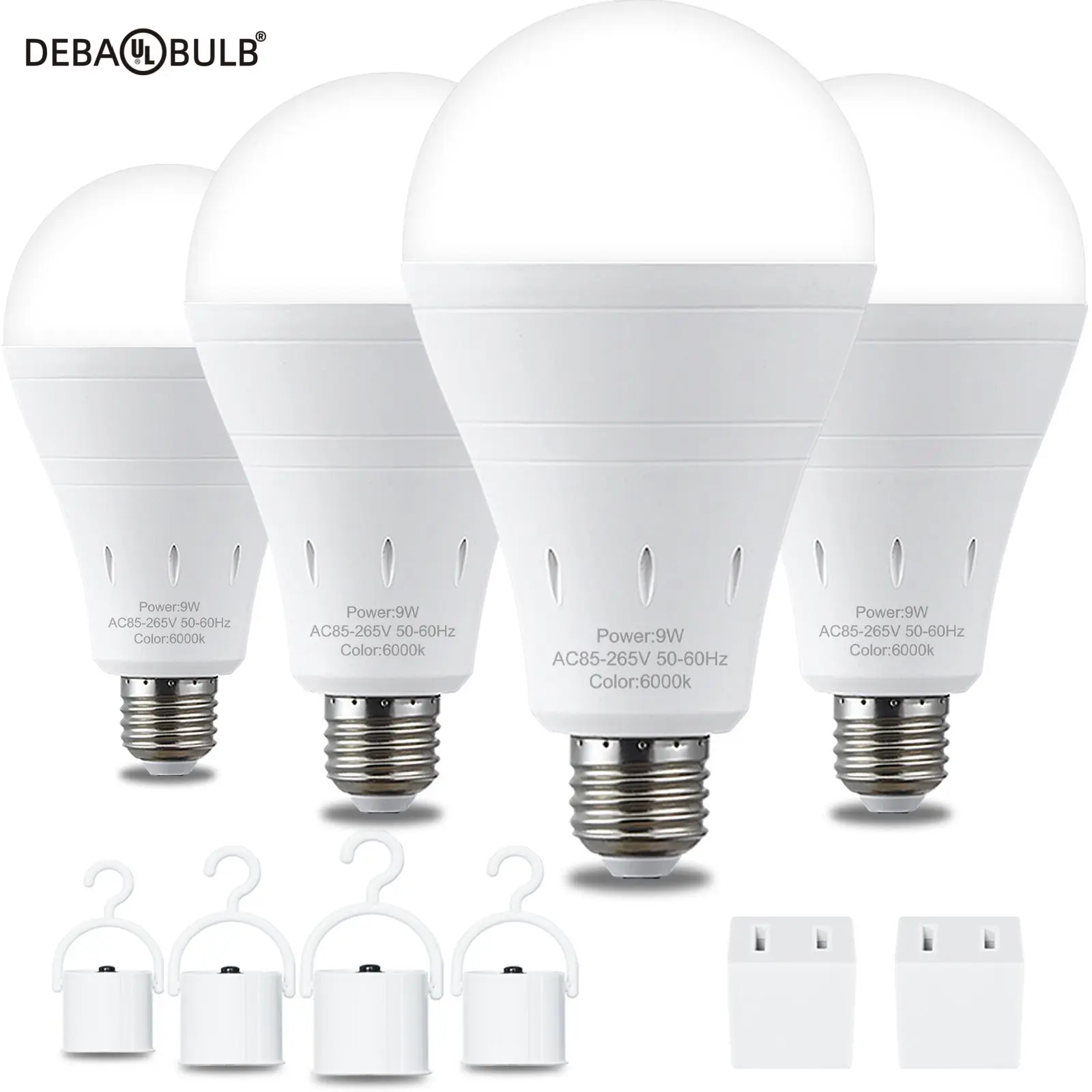 DEBAOBULB 4PK Rechargeable Emergency Light Bulbs  Battery Powered LED Light Bulb 6000K Daylight E26 120 Volt 9W 60W Equivalent with 1200mAh for Home Power Outage Camping Hurricane