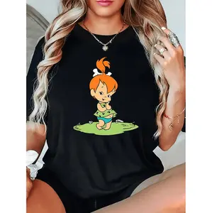 Stylish Cartoon Print Tee - Soft Polyester Knit Fabric, Crew Neck, Short Sleeve, Comfortable All-Season Top for Women, Ideal for Casual Daily Wear, Outdoor Activities, and Travel