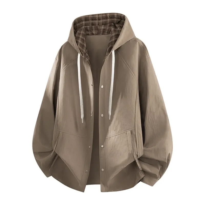 Men’s Breathable Checked Lined Hooded Button-Up Overshirt Jacket - Menswear Top Coats, Adjustable Drawstring Hood, Raglan Seam Side Pockets, Loose Casual Outerwear, Soft Lightweight Fabric for Spring Autumn Daily Use