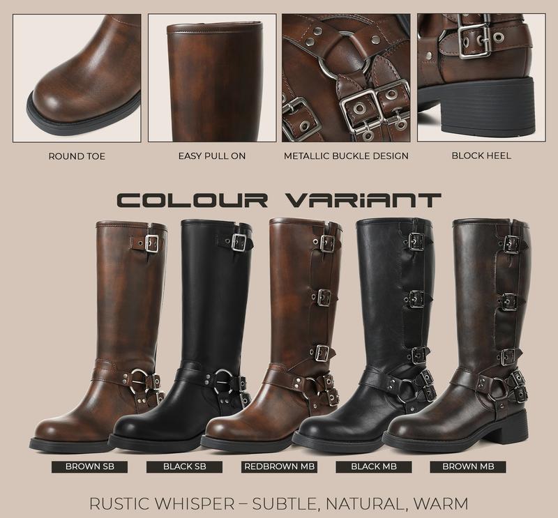 CELNEPHO Motorcycle Combat Boots Round Toe Chunky Block Vintage Heel Metal Buckle Design Pull on Rocky Boots Gift Party Riding Spring Valentine Fashion Dress Shoes