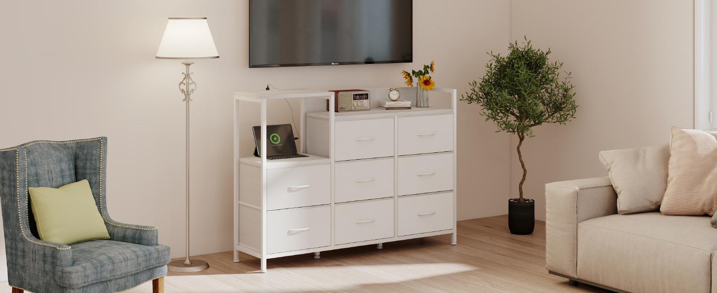 Wooden Top TV Media Console Table with 8 Fabric Drawers 1 Shelves TV Stand for Up to 45 inch TV Entertainment Center with Charging Station for Living Room Hallway