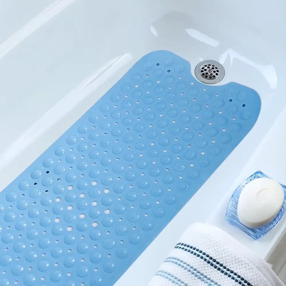Anti-Slip Bathtub Mat, 39x16 Inches Blue Reusable Suction Bathtub Accessory with Suction Cup Attachment, Reusable Suction Bathtub Accessories