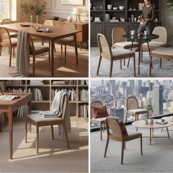 DAYALANE Modern Salem Rattan Dining Chairs Set of 2 Cane Back Comfy Sherpa Upholstered Boucle for Kitchen Restaurant Living Room White Beige Linen