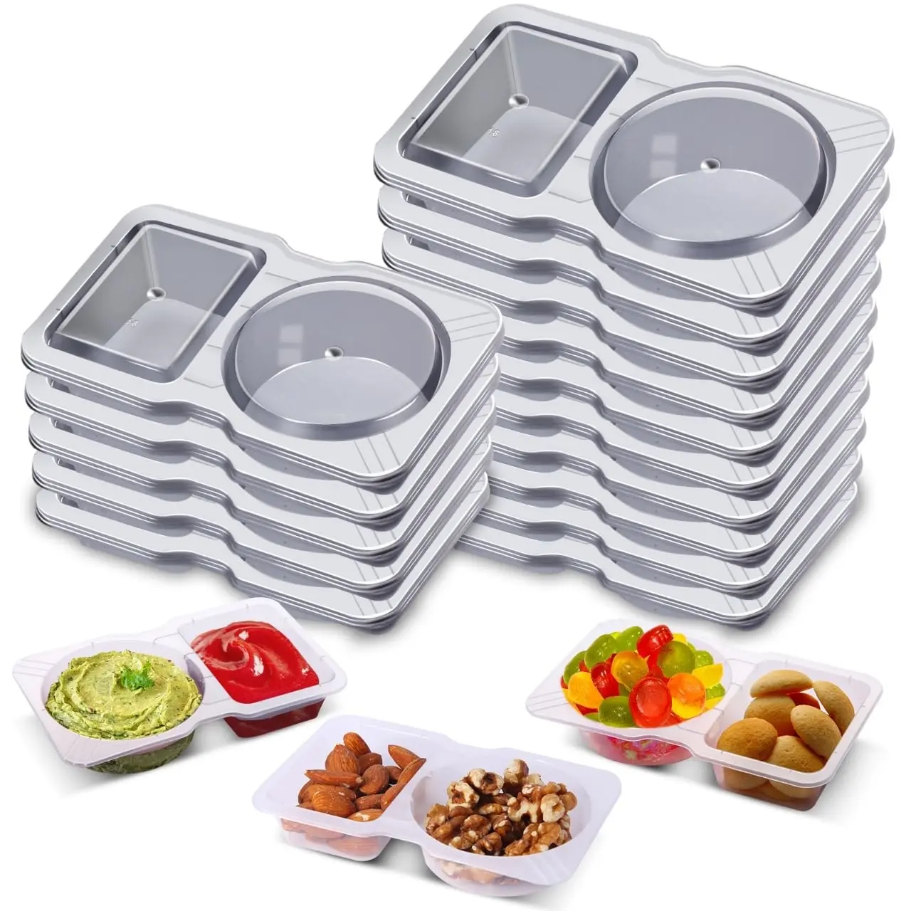 Reusable Double-Compartment Snack Containers with Leak-Proof, Dustproof Lids - Durable, Lightweight Kitchen Preserving Containers, Convenient for On-the-Go Meal Prep, 2-Portion Sauce/Dip Holders for Family Gatherings