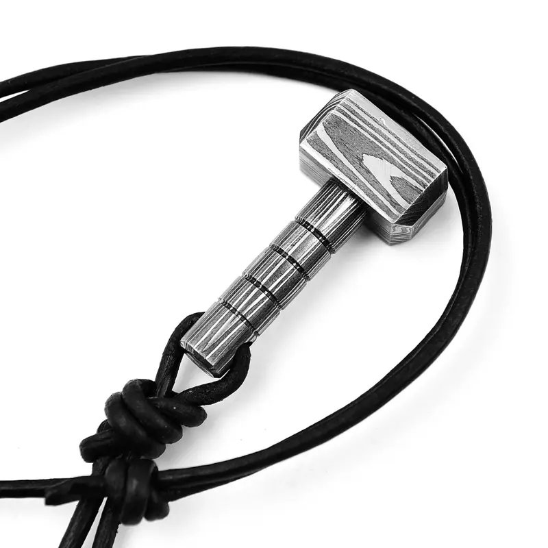 Norse God Thunder Hammer Damascus Steel 3D Pendant Necklace w/ Adjustable Leather Cord