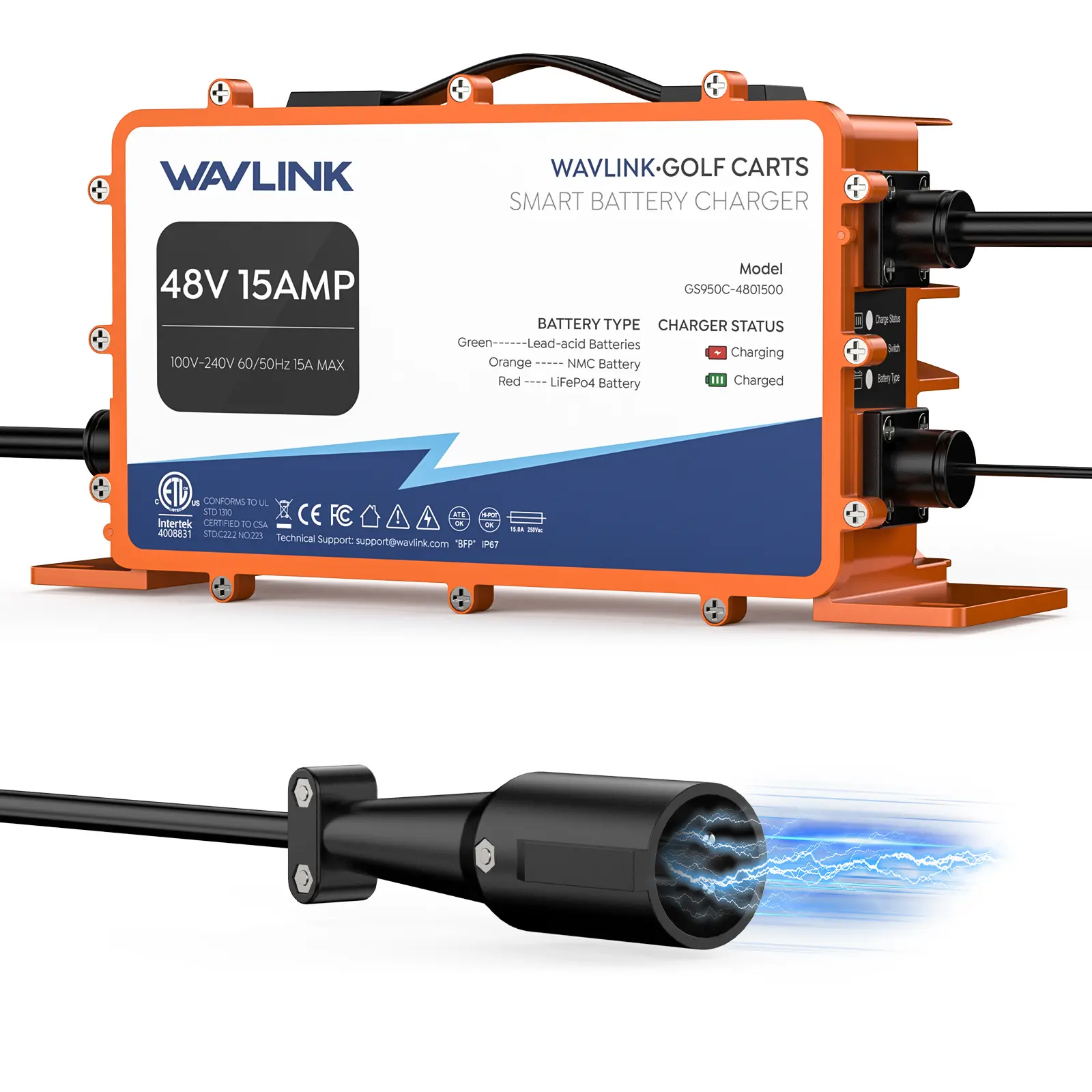 WAVLINK GS950C Golf Cart Charger Unit, 48V 15A Smart Charger with an Aluminum Alloy Build, IP67 Waterproof for Dusty Environments & Extreme Temperatures, Supports LiFePO4, NMC & Lead-Acid Batteries, 810W, Rainy Days