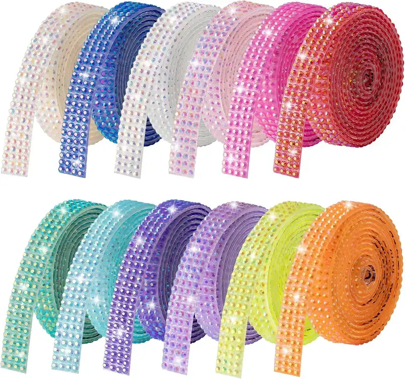 No-Glue Bedazzling Strips: 12 Rolls of Self-Adhesive Crystal Rhinestones – 12 Yards of Sparkly Gems Ribbon for Easy Crafting, Apparel & DIY Projects