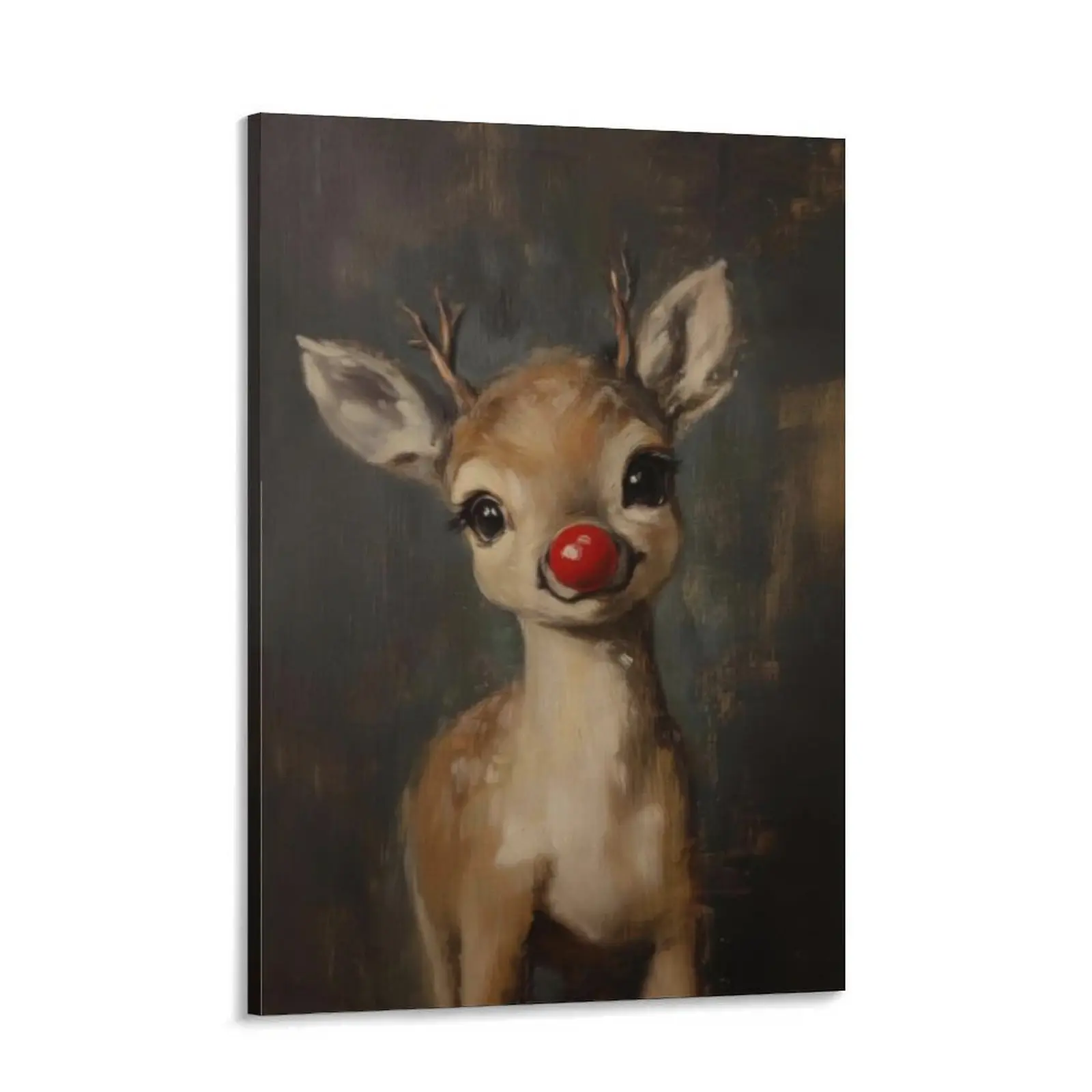 Retro Adorable Christmas Reindeer Canvas Wall Art Rudolph The Red Nose Reindeer Poster Dark Academia Aesthetic Whimsical Deer Print for Vintage Bedroom Living Room Decor