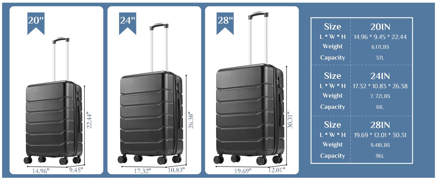 Sweet Furniture S -Luggage 20''/24''/28''Luggage, Hard Shell ABS Suitcase with Double Spinner Wheels, Lightweight Expandable Rolling Luggage with TSA Lock
