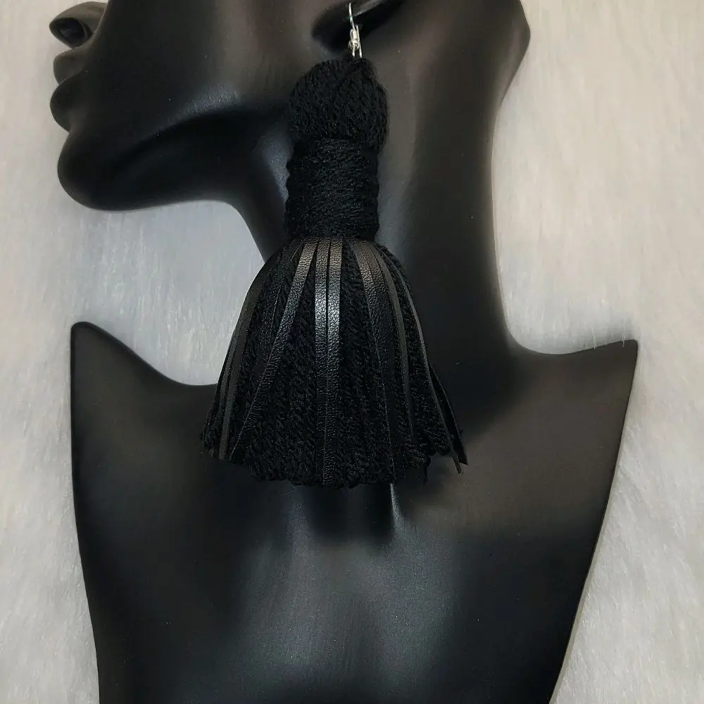 Teez Unique & Klassy Made With Love Leather Tassel Earrings - Black Color, Long Design, Fashionable Accessory for Women