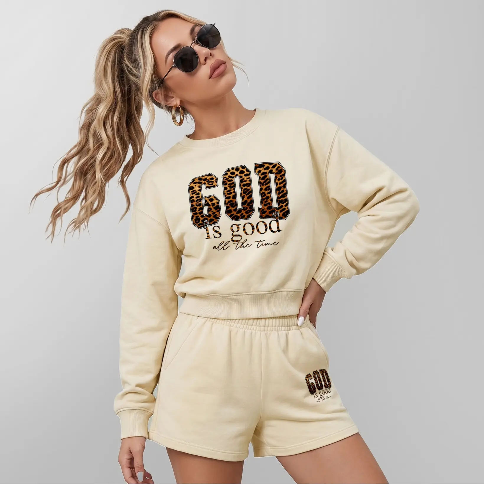 Women’s God Is Good Leopard Letter Graphic Crewneck Short Sleeve Sweatshirt & Shorts Set, Casual Matching Two Piece Outfit With Built-In Drawstring Shorts