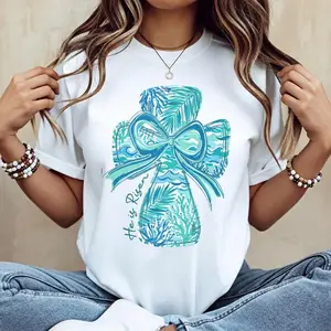 Cotton Casual Round Neck Short Sleeve Summer T Shirt Featuring Vibrant Cross and Bow Design with He Is Risen Print Machine Washable Not Dry Cleanable Ideal Gift for Mom Sister Friend or Grandma
