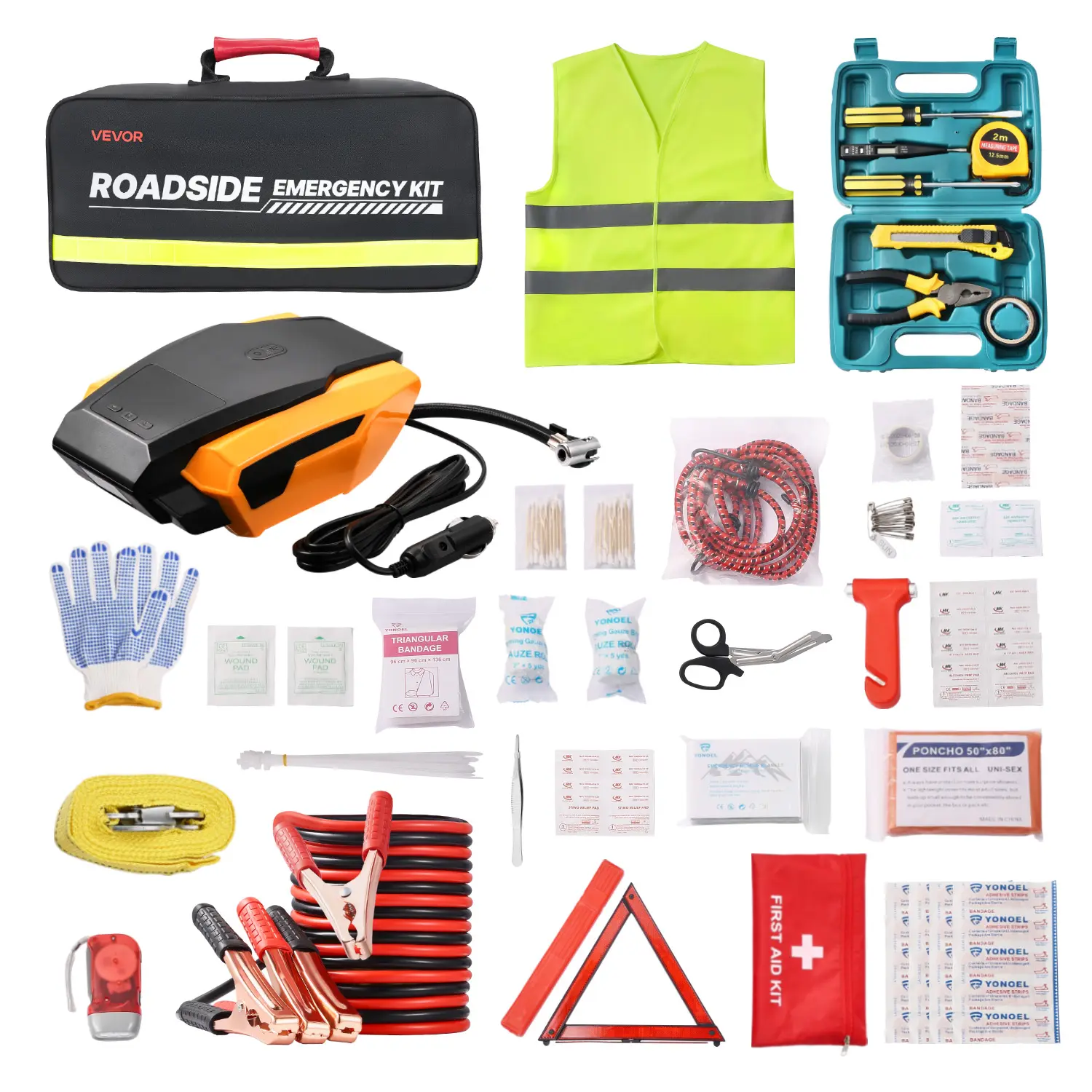 【Summerfinds】VEVOR Car Emergency Kit,2-in-1 First Aid Kit with Jumper CablesEssential Roadside Emergency Car Kits for VehicleTravel and Home32-Piece Auto Road Side Assistance Tools with Medical Aid Kits