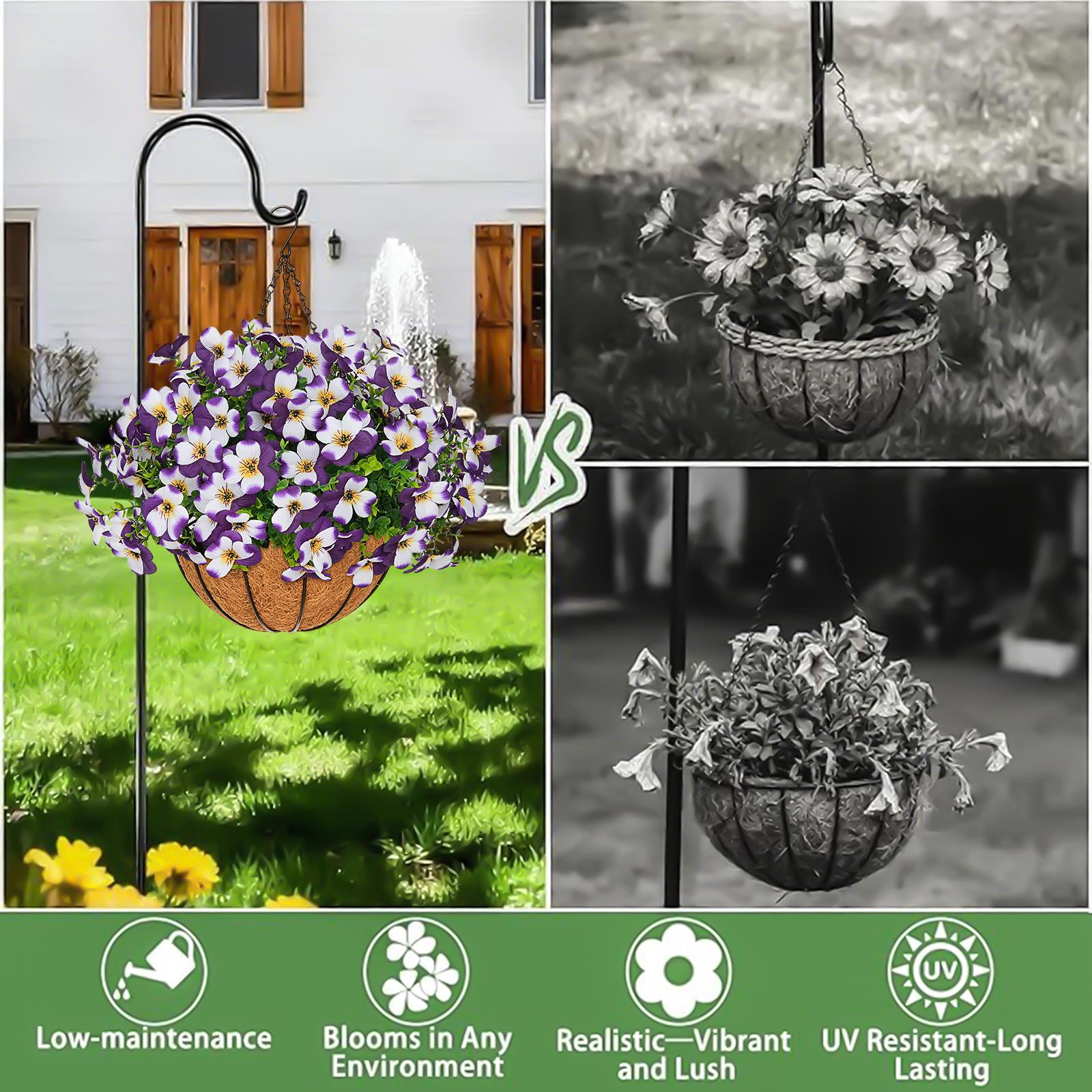 2 Pcs Artificial pansy hanging plant basket, perfect for summer outdoor decoration, made of realistic silk material, UV-resistant, featuring vibrant daisies and eucalyptus leaves, suitable for porches, homes, patios, balconies, and gardens.