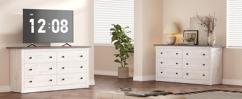 59in Wood Dresser 6 Drawer Storage Cabinet Vintage Dresser Chest of Drawers for Bedroom and Living Room