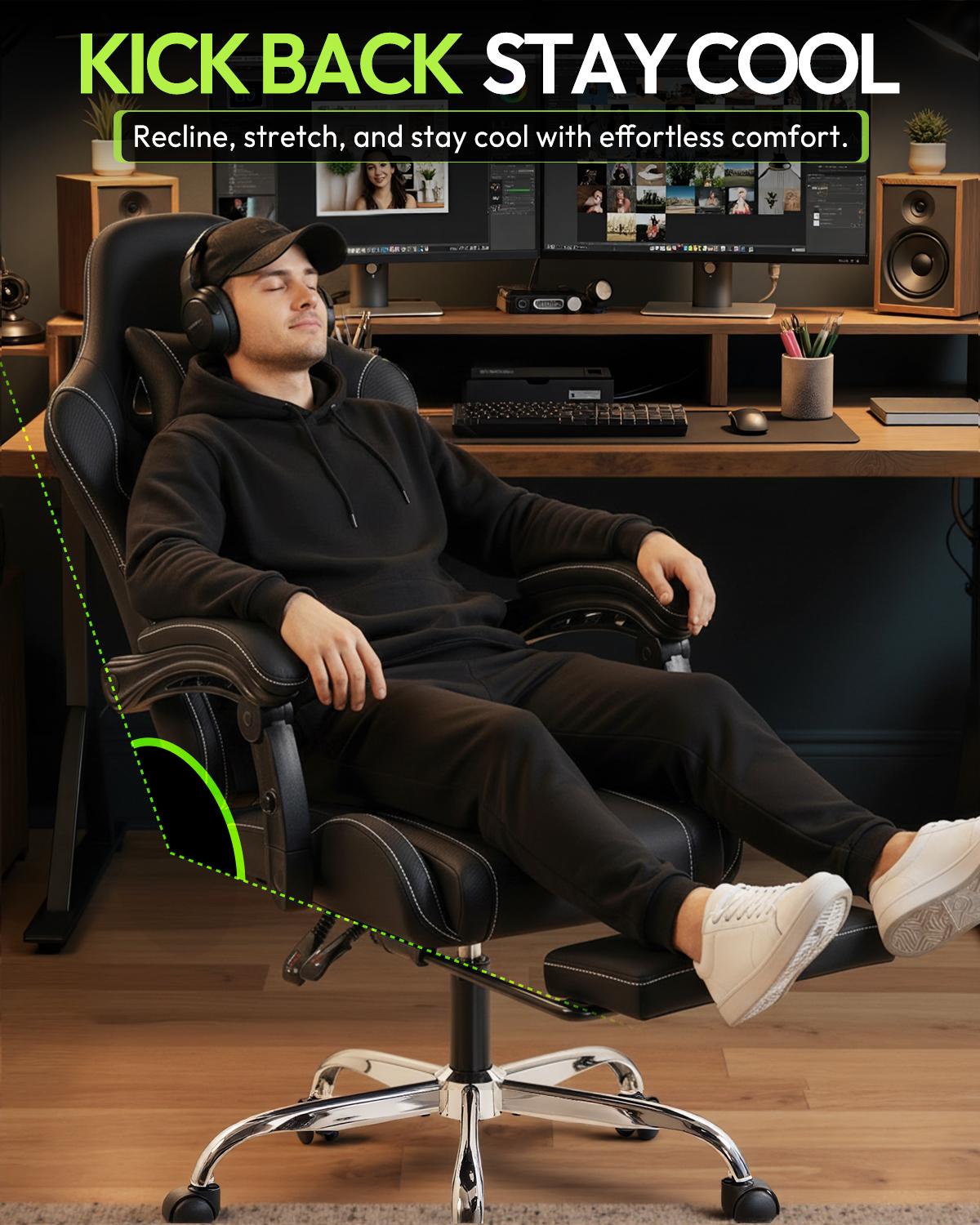 Ergonomic Massage Lumbar Gaming Chair with Footrest , Ergonomic Computer Chair 330lbs with Headrest Pillow for Office, Home, Streaming and Long Gaming Sessions