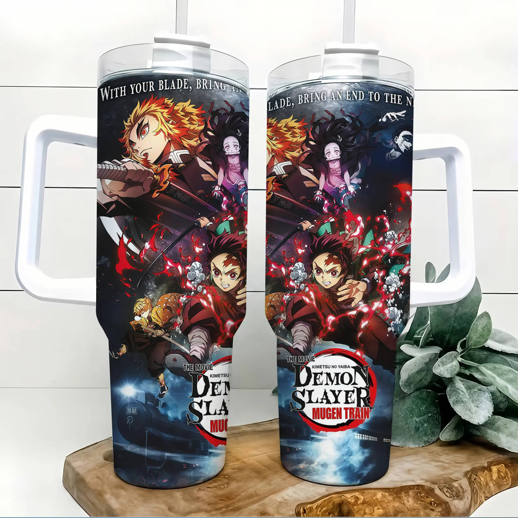 Demon Slayer Kimetsu no Yaiba Mugen Train 40oz Tumbler with Handle and Straw Anime Movie Poster Art 304 Stainless Steel Insulated Travel Coffee Mug 24H Cold 12H Hot Large Capacity Water Cup for Otaku Fans Teens Men Women Gym Office Car Collection