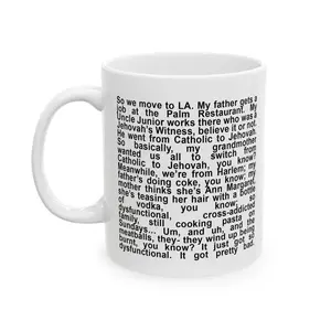 Queen of Melrose "My Father Gets a Job at the Palm Restaurant" Mug - 11oz Ceramic Coffee Mug with Funny Story Paragraph, Minimalist Black Text Literary Humor Cup, Unique Gift for Fans, Book Lovers, and Pop Culture Enthusiasts