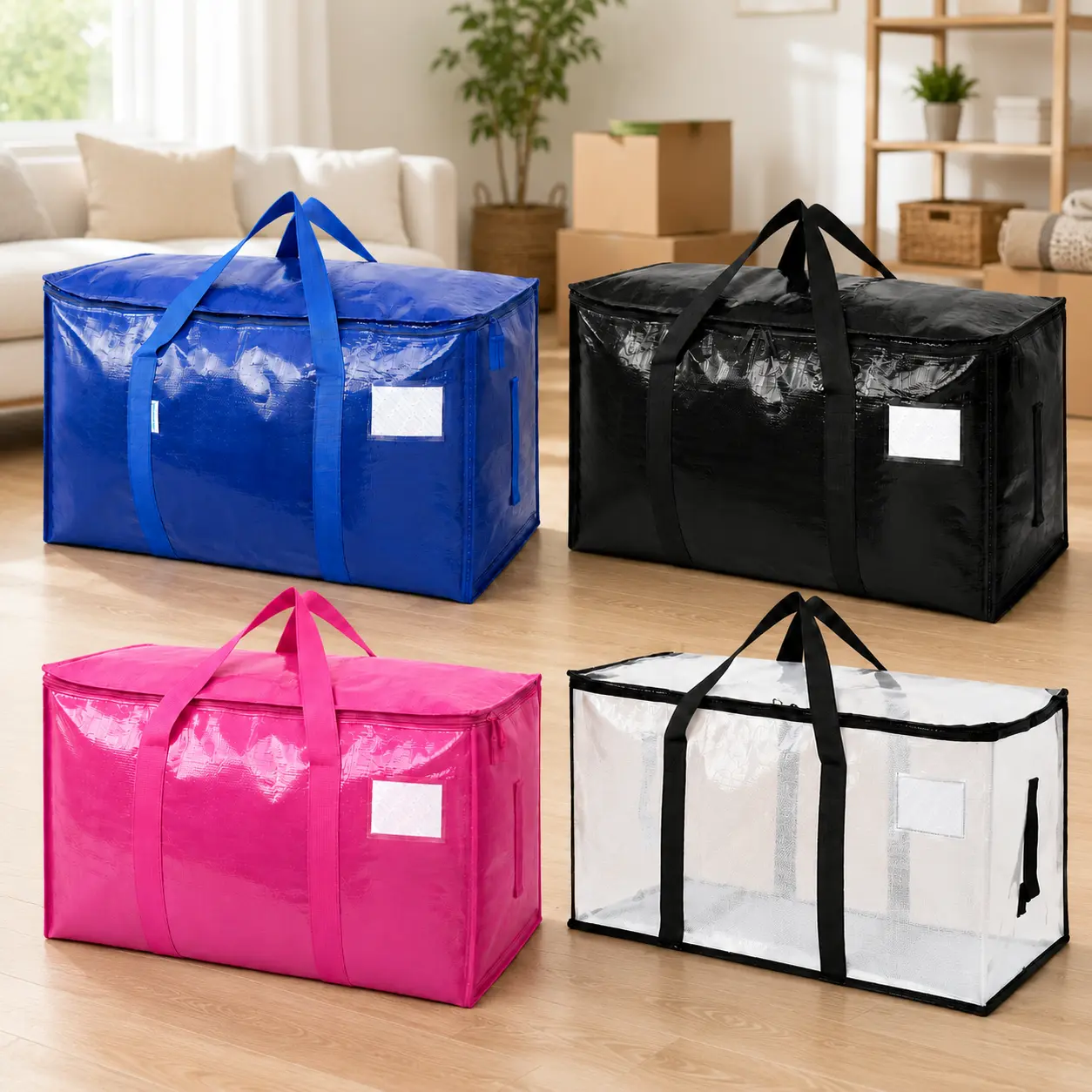24-Gal Extra Large Heavy-Duty Waterproof Foldable Storage Bags (4/6 Pack) with Zippers, Carry Handles, Tag Pocket, Reusable Packing Bags for Moving, Home Storage, Camping