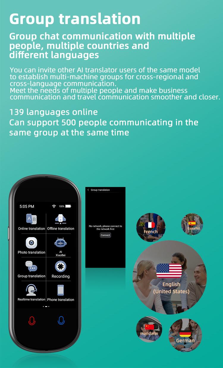 AI language translation device, supports 139 languages, real-time voice online translation, offline translation, photo translation, suitable for work, business, travel, socializing, and learning