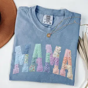 Comfort Colors Patchwork Floral Mama T-shirt Grandma Core Shirt Faux Embroidered Mom Shirt Varsity Mom Shirt Quilt Patchwork Mama Shirt