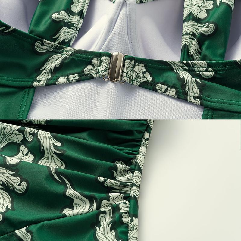 FLAXMAKER Women's Push Up Underwired Ruched Diamond Neckline Green Print One Piece Swimsuit and Matching Skirt Set Swimdress Swimwear #FallFreshness vacation outerwear clothing swim