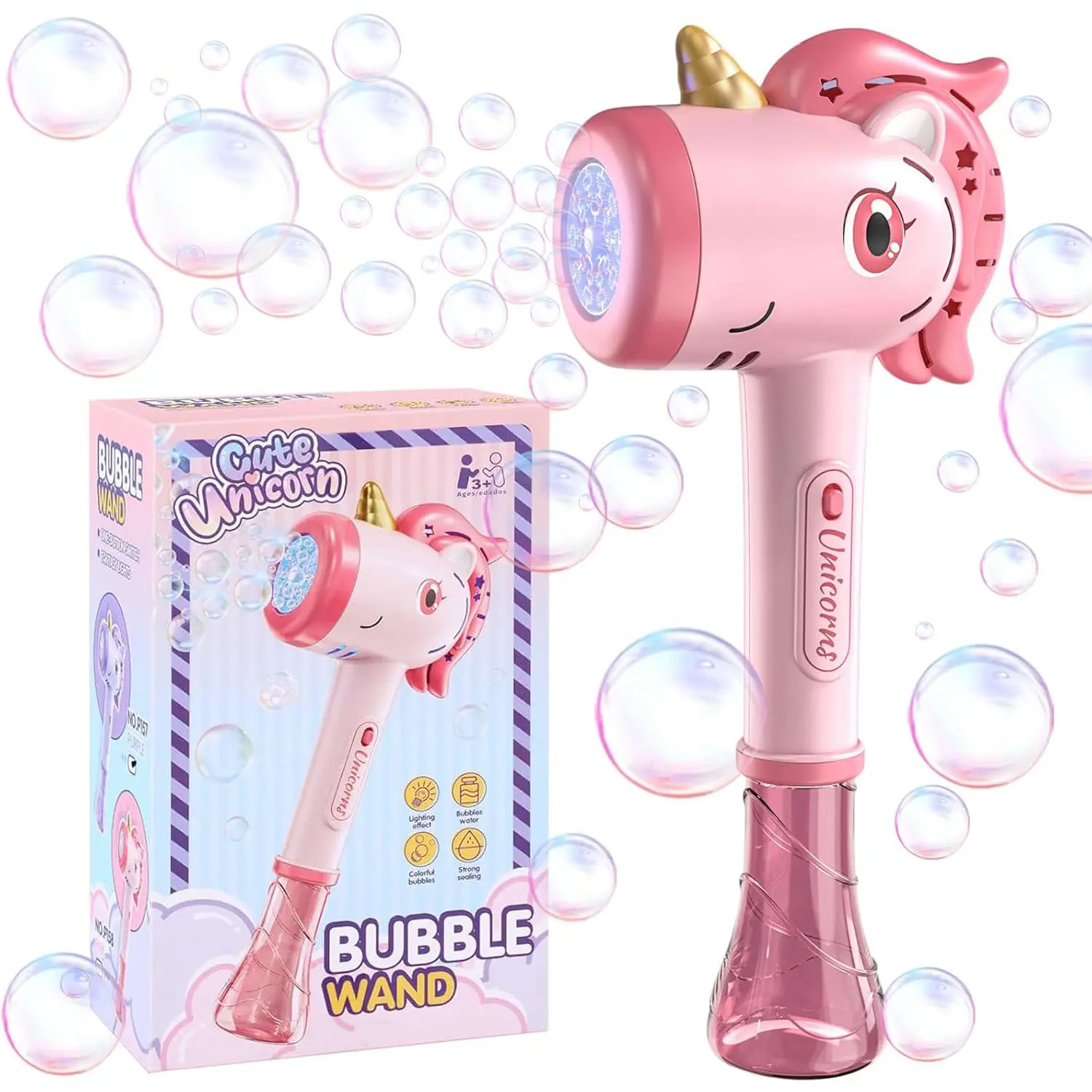 Automatic Bubble Maker Unicorn Bubble Wand for Kids - 1-Button Use, Requires Batteries, Light-Up, Portable Outdoor Summer Toy Gift for Girls