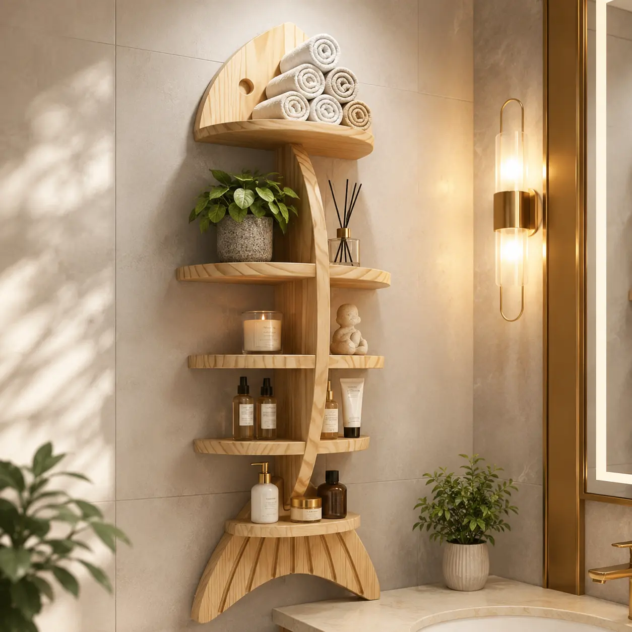 Creative Fish Bone Shape Wooden Wall Storage Shelf - Mountable Multi-Tier Space Saver, Floating Shelf for Bathroom Towel/Toiletry, Bedroom Decor, Living Room Plant Display, Mount, Bathroom Decor Ideas